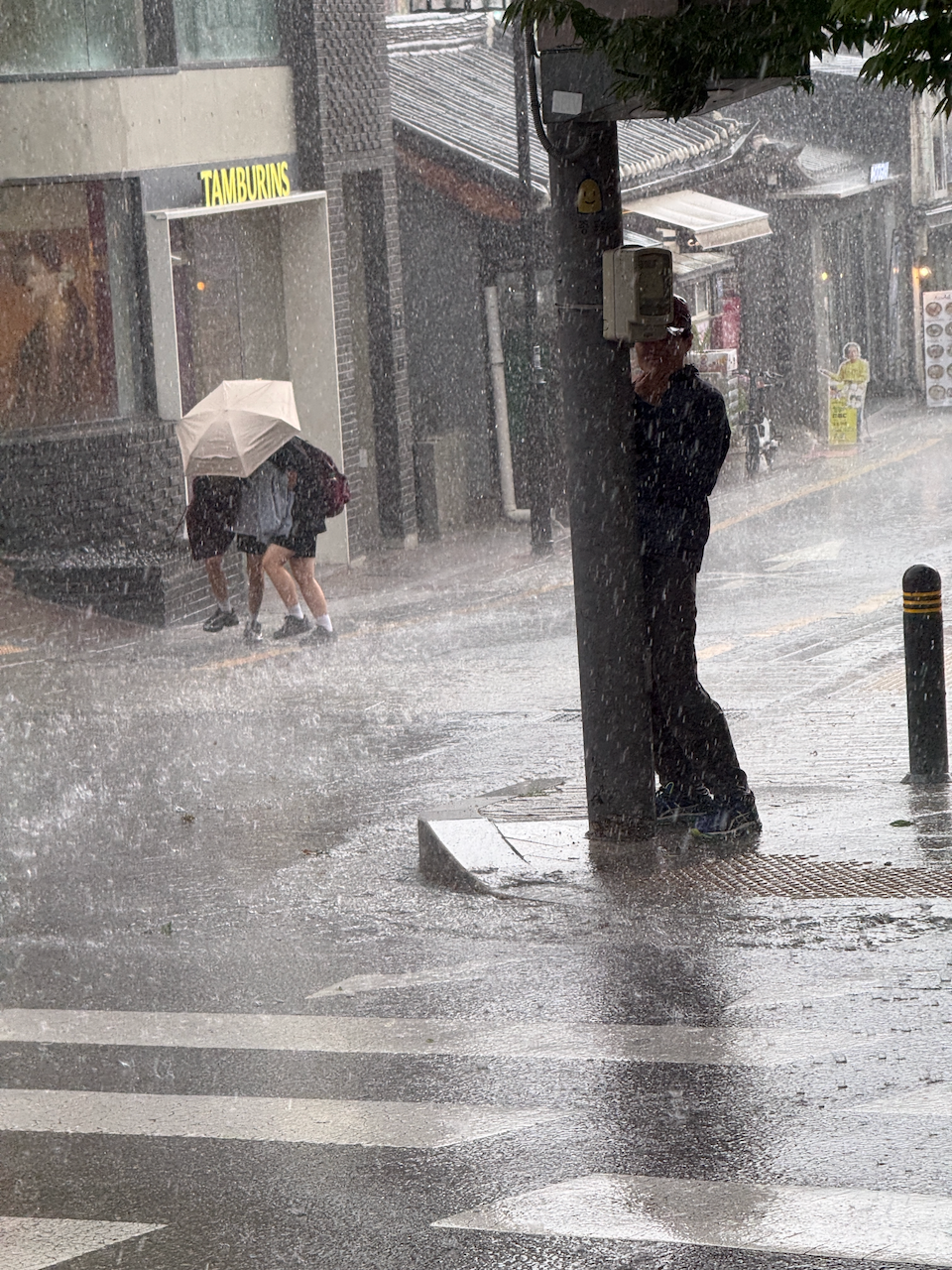 暴雨打在首尔街道上，行人撑伞站在人行道上等红灯 14:39:52