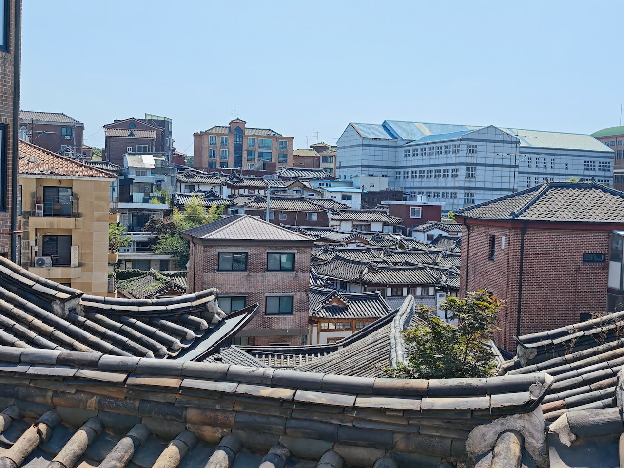 北村韩屋村屋顶群：灰色瓦顶一坡接一坡，远处的楼群从瓦片缝里冒出来